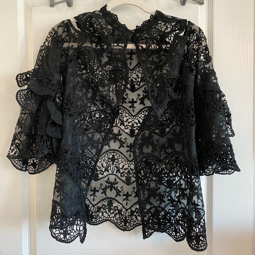 REVEUSE WOVEN TOP Black Bell SLEEVE‎ womens large cold shoulder crochet